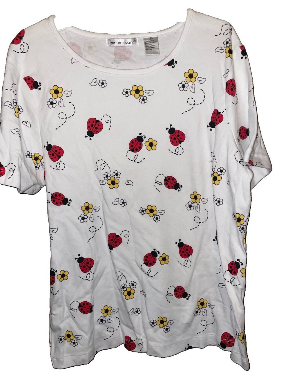 Women’s Vintage Bonnie Evans Lady Bug And Flower Blouse Sz L Pretty Daisies
